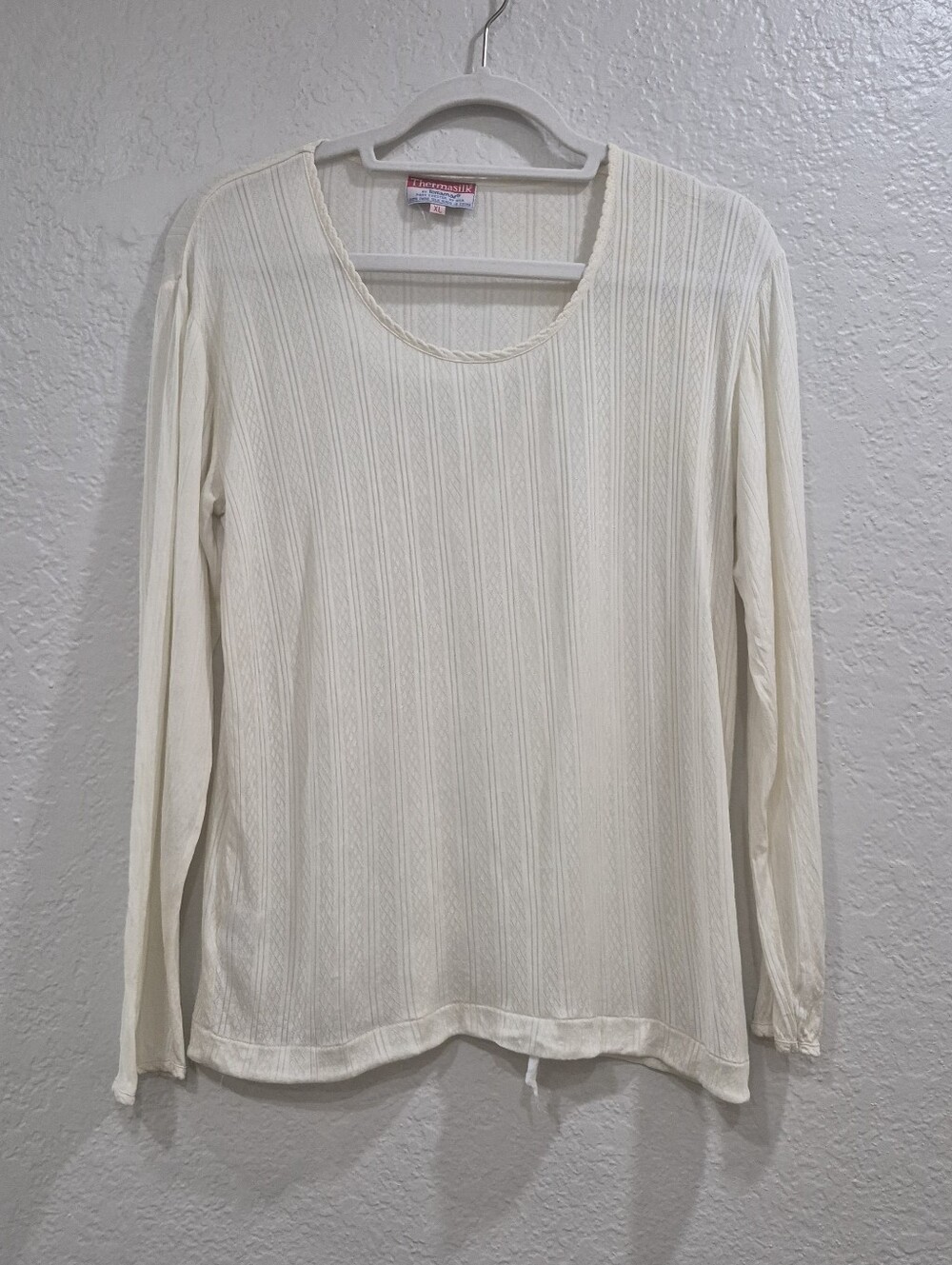 ThermaSilk 100% Silk Ribbed Long Sleeve Scoop Neck Top Cream XL | Thermal Layer
